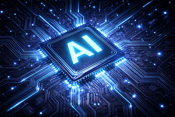 Futuristic ai processor chip on glowing circuit board