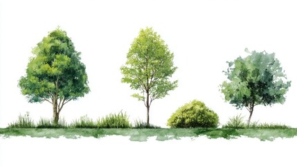 Obraz premium Watercolor trees and shrubs on white background.