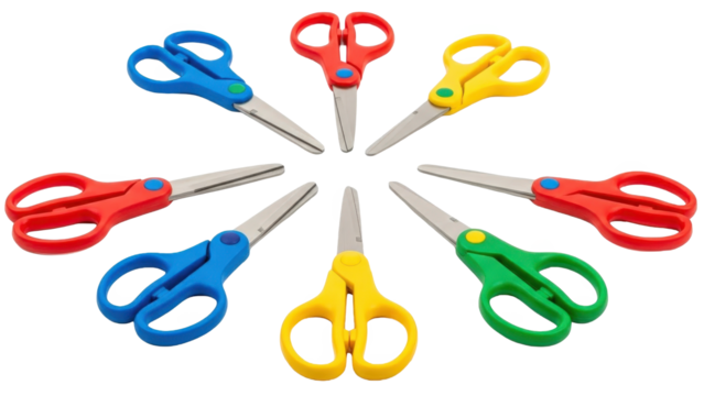 Colorful scissors arranged in a circular pattern isolated on transparent background - Powered by Adobe