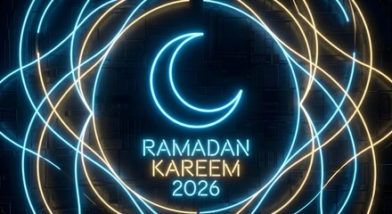 Modern abstract Ramadan Kareem 2026 neon crescent moon background