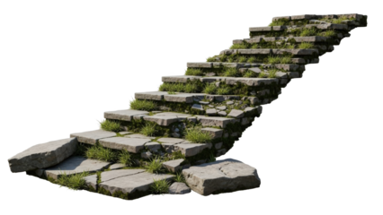 Old stone staircase with moss and lichen growth isolated on transparent background