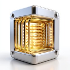 Futuristic Glowing Golden Energy Core in Chrome Metallic Cube