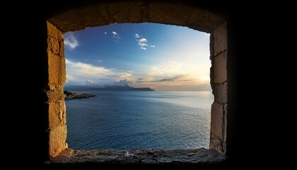 Ruined Window Overlooking A Tranquil Sea