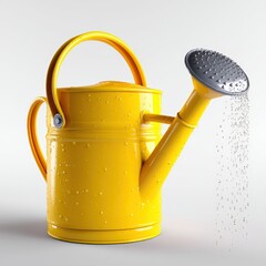 Yellow Watering Can with Water Droplets on White Background