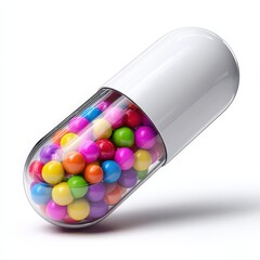 Colorful Candy Spheres Inside a White Medical Capsule Pill