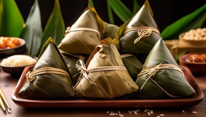 Zongzi Feast A Mouthwatering Display Of Traditional Zongzi Dumplings Each Wrapped In Fragrant Bamboo Leaves Ready To Be Savored Each Dumpling Is A Culinary Adventure