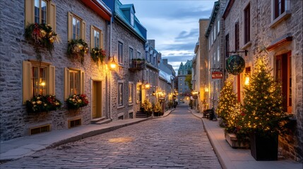 Obraz premium Enchanting Old Town Cobblestone Street with Christmas Decorations