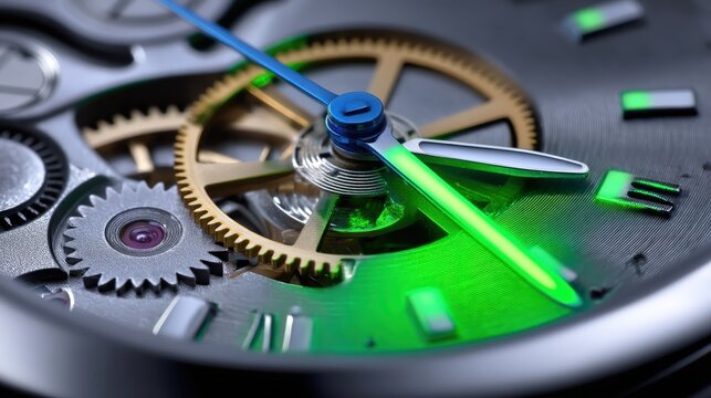 Mechanical Watch Movement Macro with Glowing Green Lume