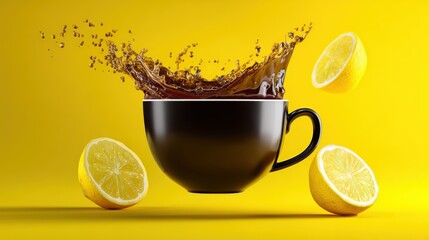 Refreshing Tea Splash with Lemon Slices on Vibrant Yellow Background