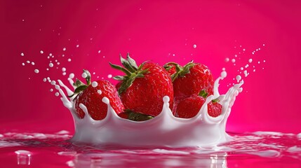 Fresh Strawberries in Milk Splash Against Vibrant Pink Background