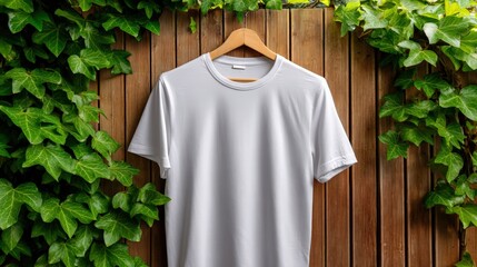 Blank White T-Shirt Mockup on Wooden Hanger Against Fence with Ivy