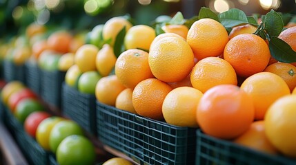 A vibrant display of fresh citrus fruits in green crates at a market stall.