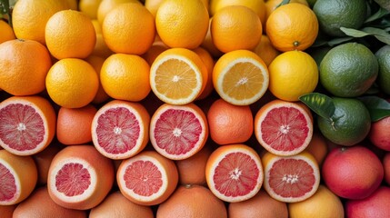 A vibrant display of fresh citrus fruits, including oranges, grapefruits, and limes, arranged in a colorful and appetizing composition.