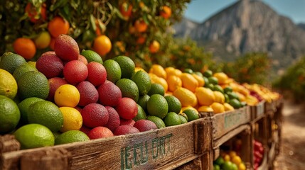 A vibrant display of fresh citrus fruits arranged in wooden crates at a mountainous orchard.