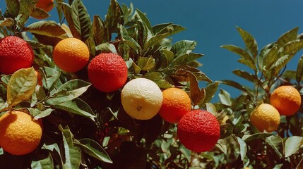 A vibrant cluster of citrus fruits growing on a tree with lush green leaves under a clear blue sky.