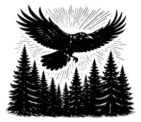 Obraz premium Hand drawn vintage illustration of an eagle depicting flight over a pine forest for nature and outdoor designs
