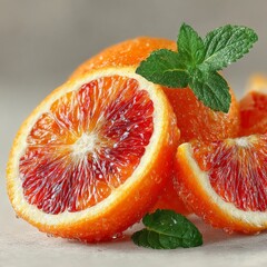 A close-up of fresh, juicy blood orange slices with mint leaves, showcasing vibrant colors and glistening droplets on a neutral background.