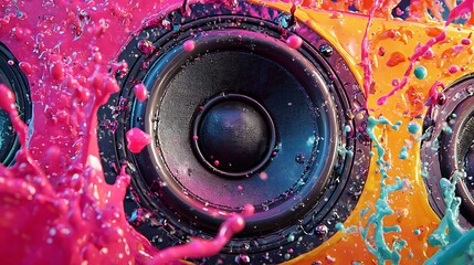 Close-up of stereo speaker with vibrant splashes of paint in pink and orange hues