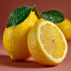 A close-up of fresh lemons with water droplets, showcasing detailed texture and vibrant yellow color against a warm background.