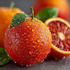 A photorealistic close-up of a fresh orange with water droplets, a green leaf, and a vibrant, textured peel under natural lighting.