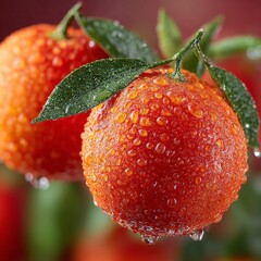 A photorealistic close-up of fresh oranges with dew drops and green leaves, showcasing vibrant texture and natural lighting.