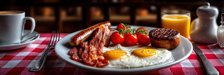 Full English Breakfast with Fried Eggs Bacon and Sausage