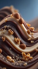 A close-up of creamy chocolate waves topped with whole and chopped nuts, captured with natural lighting and rich color grading.