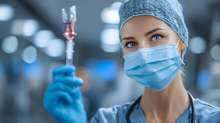 A healthcare professional in scrubs adjusts an IV drip, showcasing importance of patient care in medical setting. sterile environment emphasizes focus on health and recovery