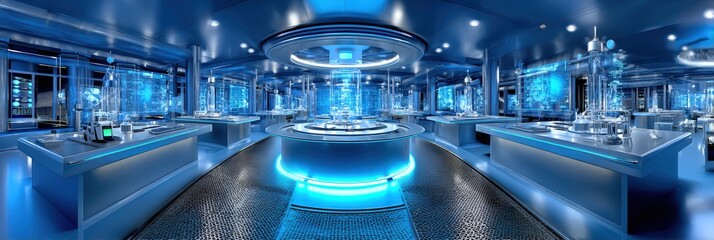 Futuristic High-Tech Laboratory with Blue Glowing Holographic Screens