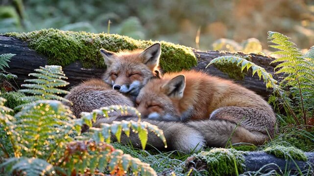 Two red foxes embracing and resting peacefully in the forest