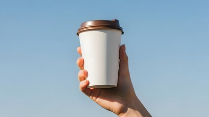 A hand holding a white disposable coffee cup with a brown lid against a clear blue sky