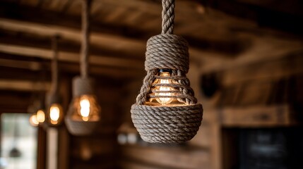 Close-up view of rustic rope-wrapped light fixtures hanging from a wooden ceiling