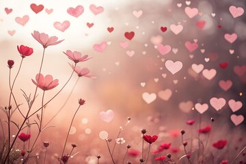 Whimsical Pink Flowers and Hearts in a Dreamy Garden Scene