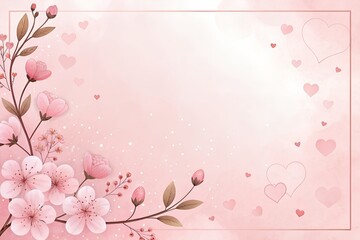 Pink Floral Background with Hearts and Cherry Blossoms