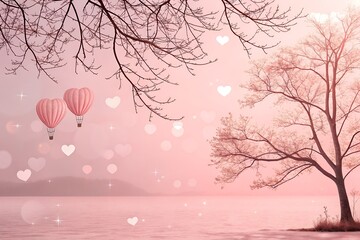 Romantic Pink Hot Air Balloons Floating Over Serene Lake at Sunset