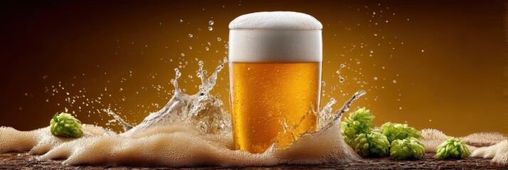 Refreshing Cold Beer Glass with Splash and Hops on Golden Background