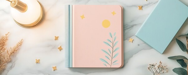 Tone Emotion Energy Dramatic Soft Pastel Notebook with Floral Design on a Marble Table Surface