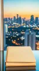 Tone Emotion Energy Dramatic Cozy Desk Setup with Open Book Against City Skyline at Sunset