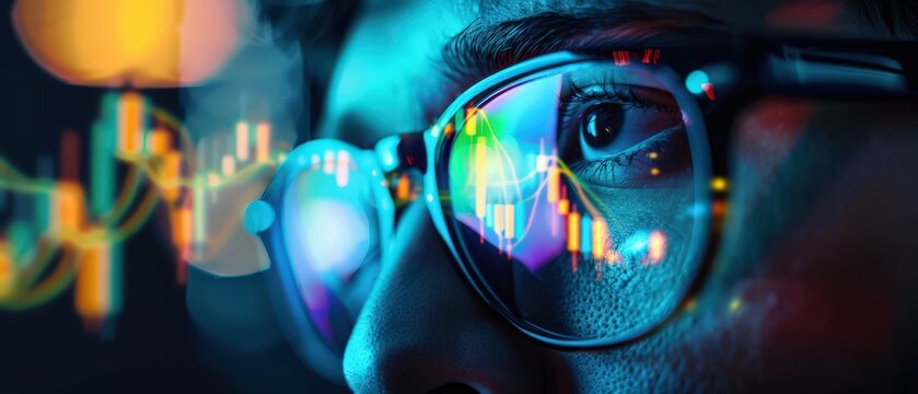 Extreme close up of a face wearing glasses with reflected stock market charts, representing financial analysis, trading, investment strategy, data monitoring, and market volatility. - Powered by Adobe