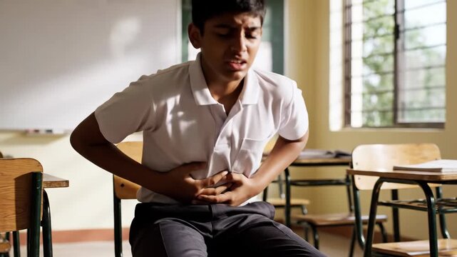 Young boy with stomach ache in classroom. Student having abdominal pain. Healthcare and symptom concept.