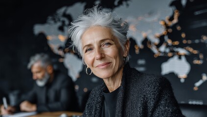 The travel agent smiles as she assists the client with a reservation. A woman receives her travel documents at the desk. A world map hangs on the office wall. People plan a trip