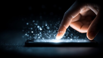 A human hand presses a glowing smartphone screen that displays a complex digital circuit pattern; the device's display shines bright blue as the user interacts with modern technology, processing data