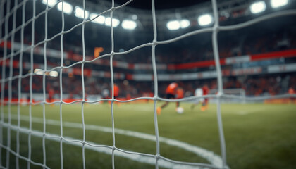 World Cup: A soccer game in progress, viewed through a goal net in a stadium