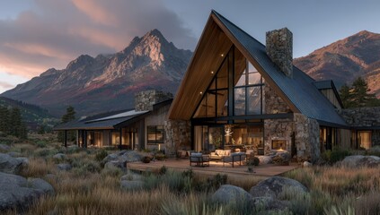 Featuring a sleek design, the house has an expansive composite deck and folding glass doors. The lawn is lush and green, encircling the home. Outdoor furniture on the patio beckons leisure