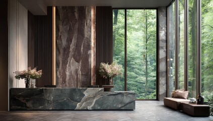 Featuring a marble desk and wood paneling, this modern reception area utilizes sophisticated interior design to produce a calm, welcoming environment, ideal for sensitive events, while natural light