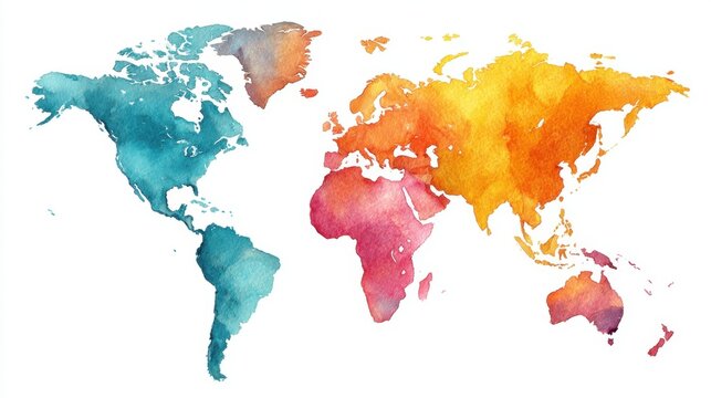 Colorful watercolor world map with continents in vibrant hues.