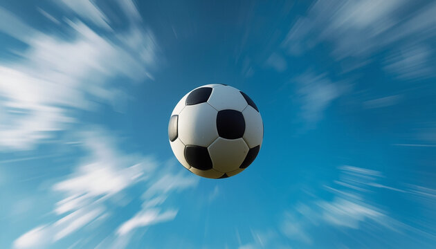 World Cup: A soccer ball flying through a bright blue sky with white clouds