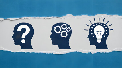 Conceptual illustration of human heads showing questioning problem solving and generating new ideas on a torn blue and white background