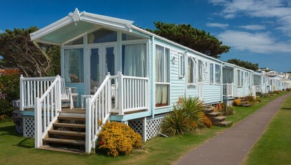 A row of static caravans lines a holiday park at sunset, set on green grass. These mobile homes are for summer vacations, travel, and family weekends. The campsite in the countryside welcomes