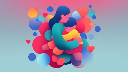 Obraz premium Colorful illustration of a mother and child embracing, surrounded by hearts and abstract shapes